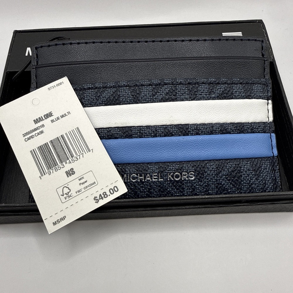 Michael Kors Men's Card Wallet Blue/White/Black Logo Stripe - Picture 2 of 5